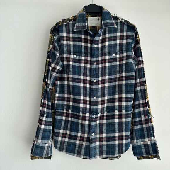 R13 Shirt Women XS Plaid Japanese Fabric Patchwork Fringe Mended Workshirt Combo - Picture 1 of 12